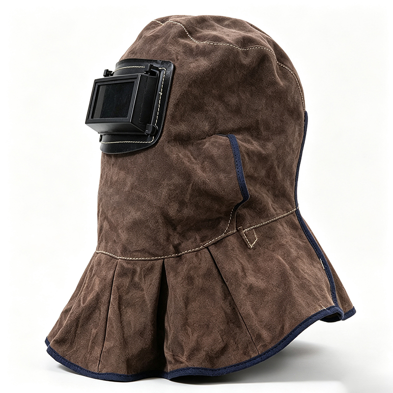 Maschera con cappuccio per saldatura ribaltabile in pelle bovina marrone carbone Maschera con cappuccio per saldatura ribaltabile in pelle bovina marrone carbone