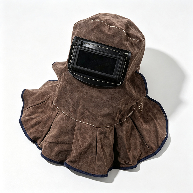 Maschera con cappuccio per saldatura ribaltabile in pelle bovina marrone carbone Maschera con cappuccio per saldatura ribaltabile in pelle bovina marrone carbone