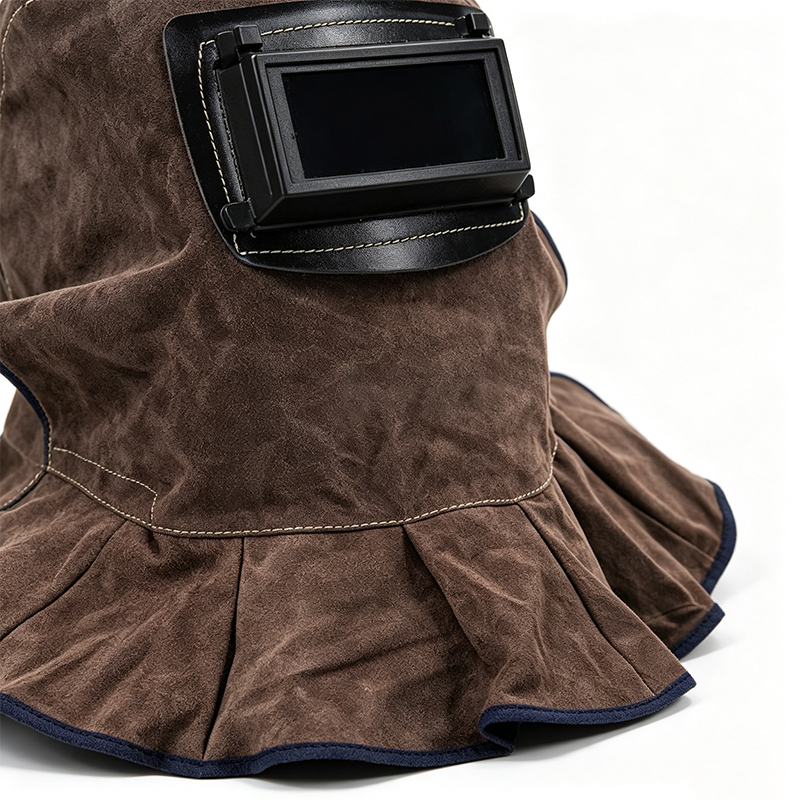 Maschera con cappuccio per saldatura ribaltabile in pelle bovina marrone carbone Maschera con cappuccio per saldatura ribaltabile in pelle bovina marrone carbone