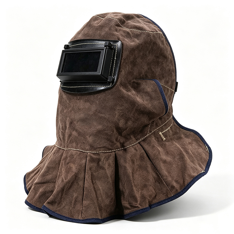 Maschera con cappuccio per saldatura ribaltabile in pelle bovina marrone carbone Maschera con cappuccio per saldatura ribaltabile in pelle bovina marrone carbone